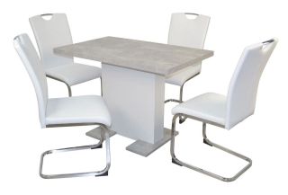 Essgruppe, 5-teilig, Tischgruppe Betonoptik Grau-Weiß/Stühle Tisch We