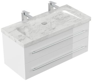 Badmöbel Waschplatz Marmor Carrara White YAMO100 2 Hahn weiß Hochglanz