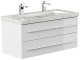 Badmöbel Waschplatz Marmor Carrara White YAMO100 2 Hahn weiß Hochglanz